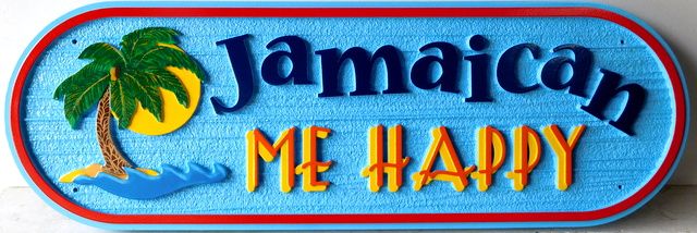 L21131 - Coastal Residence Sign "Jamaican Be Happy",  with  Ocean, a Beach, Palm Trees & Setting Sun 