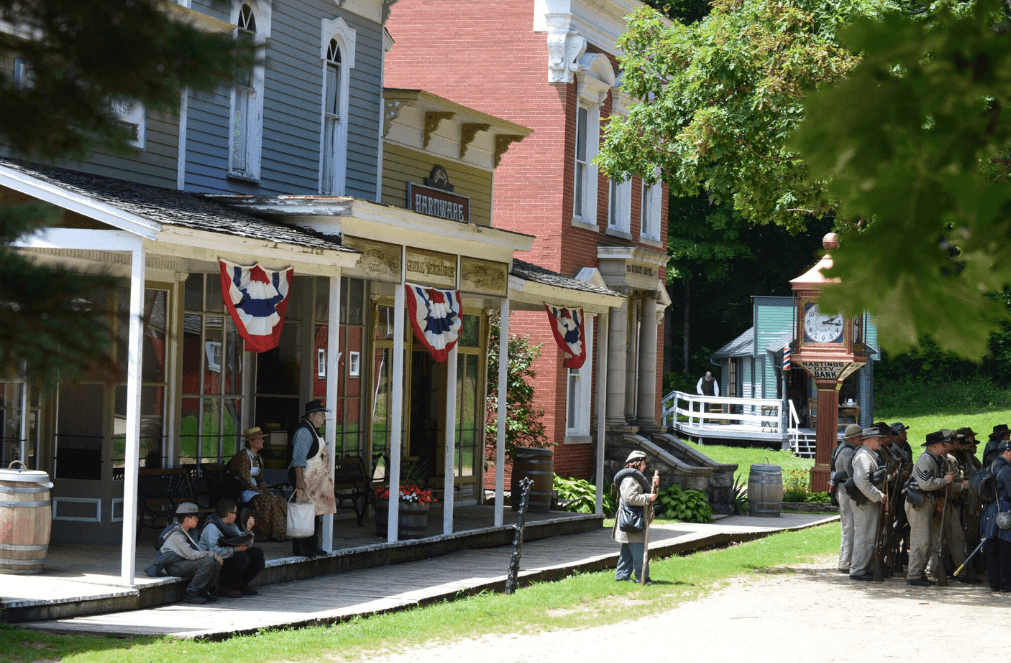 View of Mainstreet with soldiers on the porch.