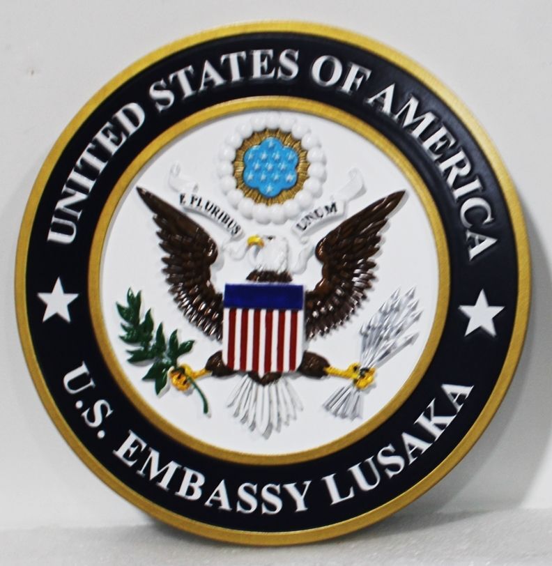 AP-3793 - Carved 3-D  Plaque of the Seal of the US Embassy in Lusaka, Zambia, Artist Painted