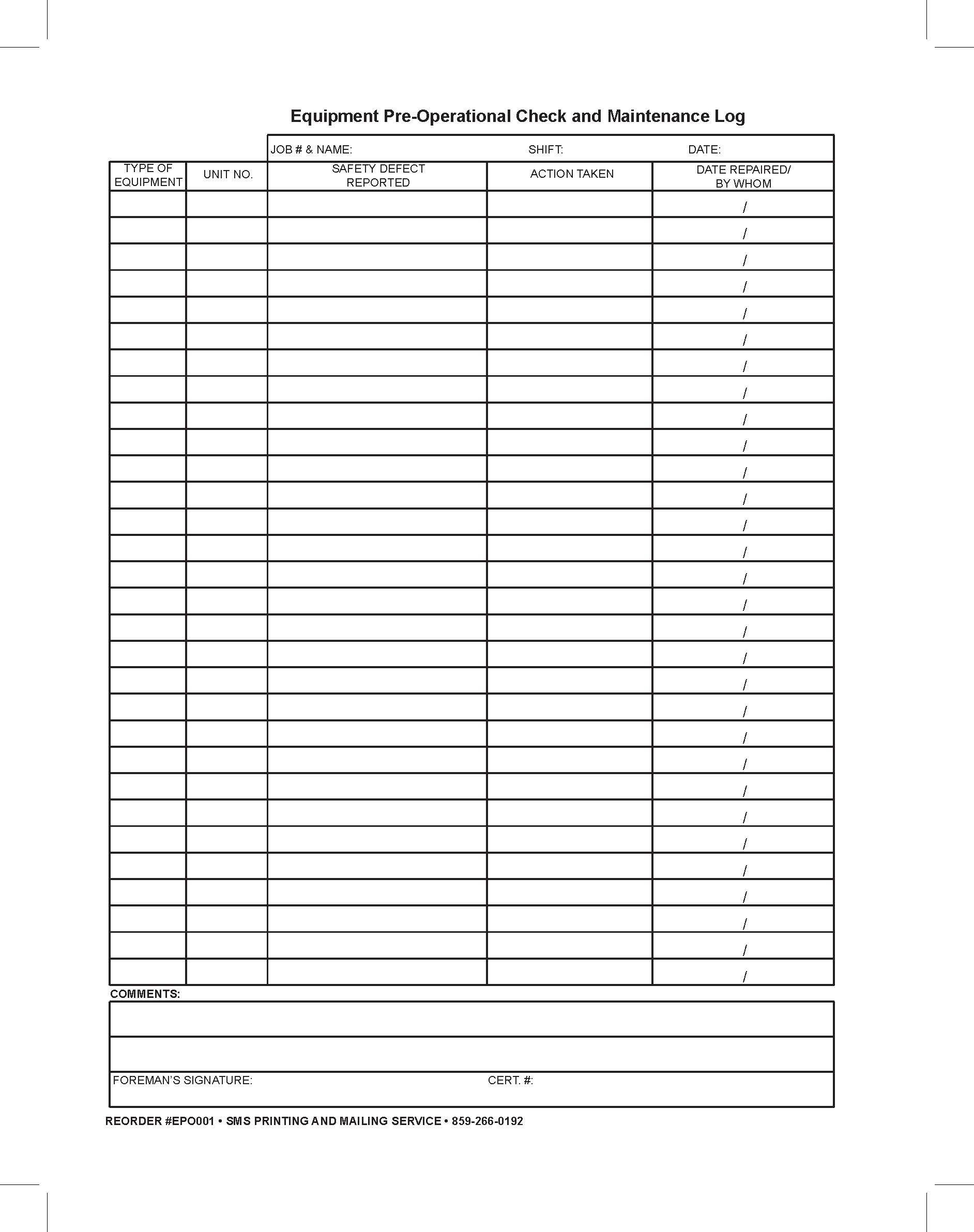 Equipment Pre-Op Check & Maintenance Log