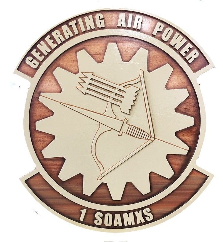 LP-3970 - Carved 2.5-D Multi-Level Raised Relief Mahogany Plaque of the Crest of the 1st Special Operations Aircraft Maintenance Squadron  (1 SOAMXS) , "Generating Air Power" 
