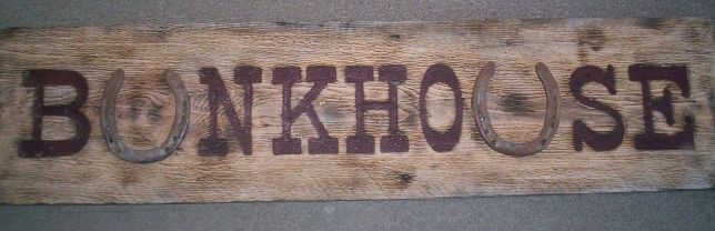 M3956 - Very Rustic, Antique Look, Carved Wood Sign "Bunkhouse" with Horseshoe Letters (Gallery 23)