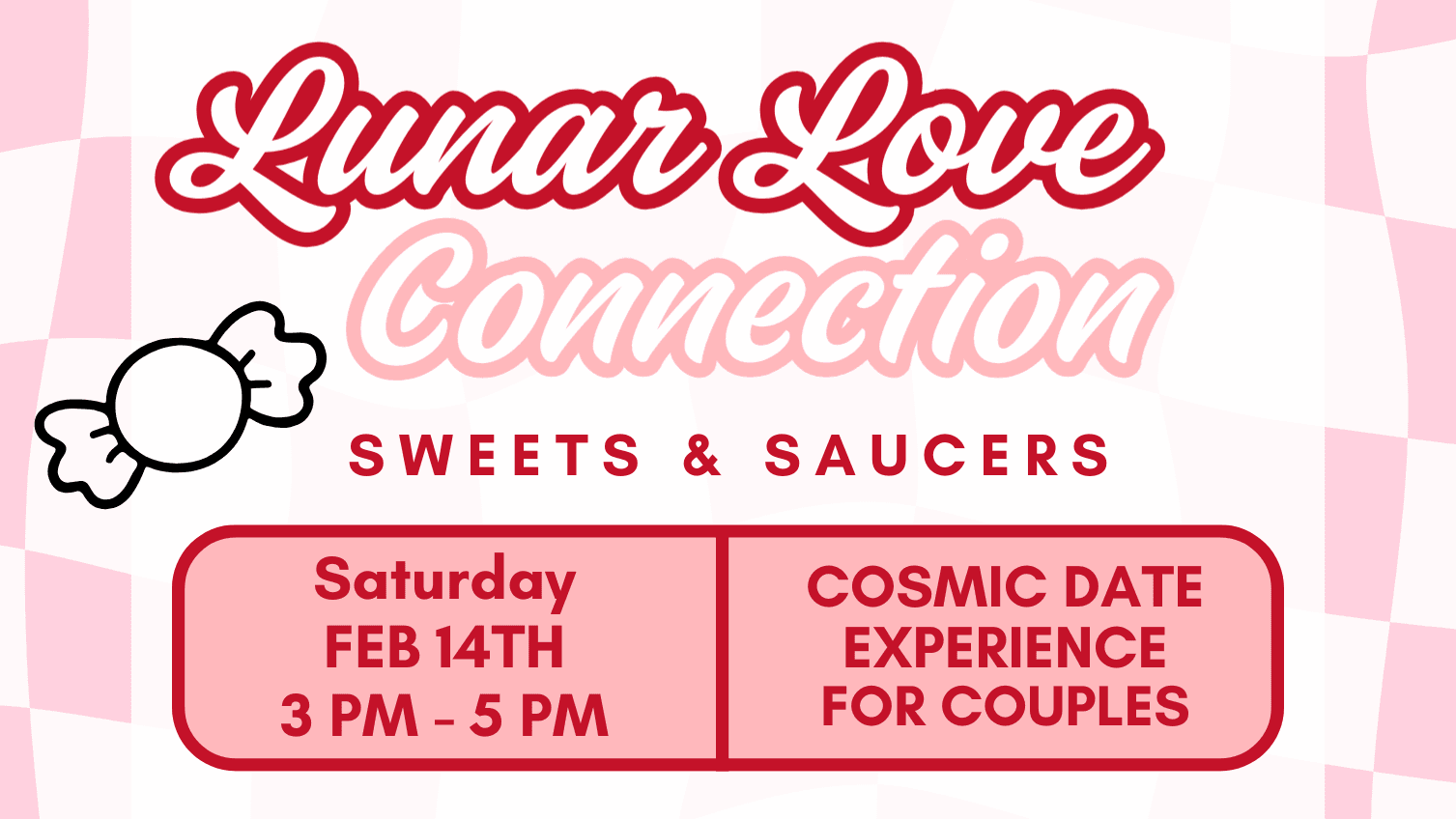 Pink Valentine’s Day flyer for Lunar Love Connection space-themed couples event in Hammond, Indiana, featuring sweets, coffee, constellations, and planetarium activities on February 14