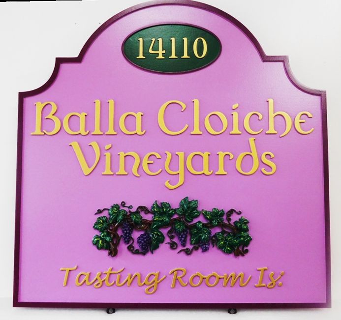 R17020 - Colorful Carved Entrance and Address  Sign for the  "Balla Cloiche Vineyards"  with  a 3-D Carved Grape Cluster as Artwork 