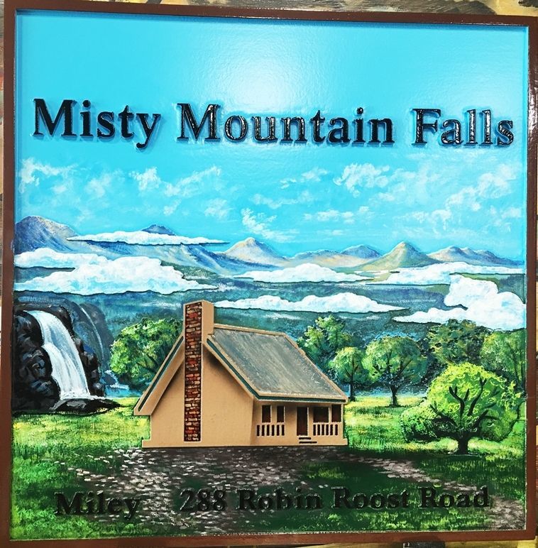 M22201 - Carved 2.5-D  Relief HDU Property Name and Address sign for "Misty Mountain Falls", with Cabin, Mountain  and  Waterfall Scene as Artwork.