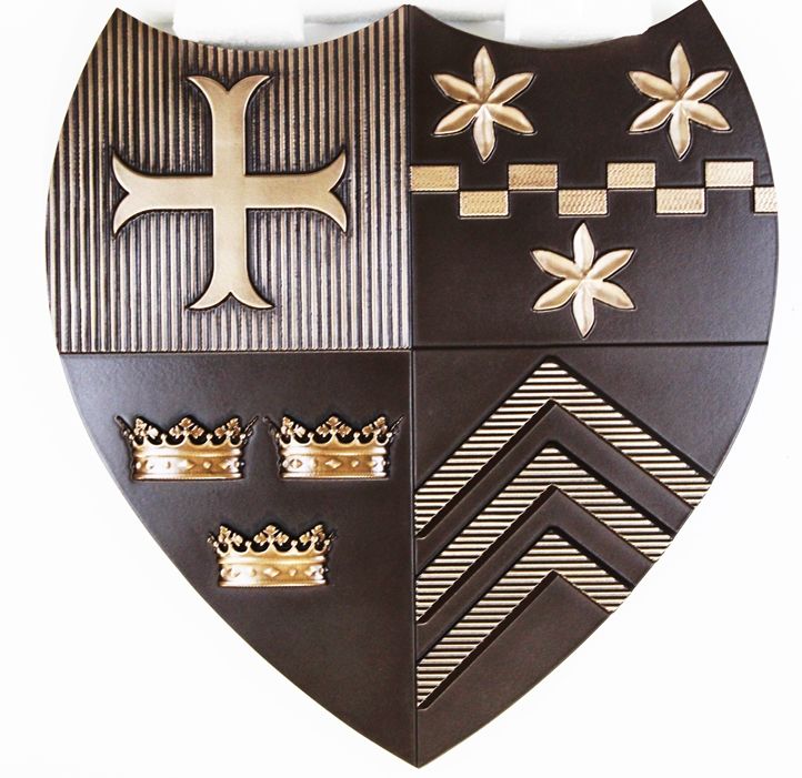 XP-1233 - Carved Plaque of Shield Coat-of-arms, 3-D Brass-Plated