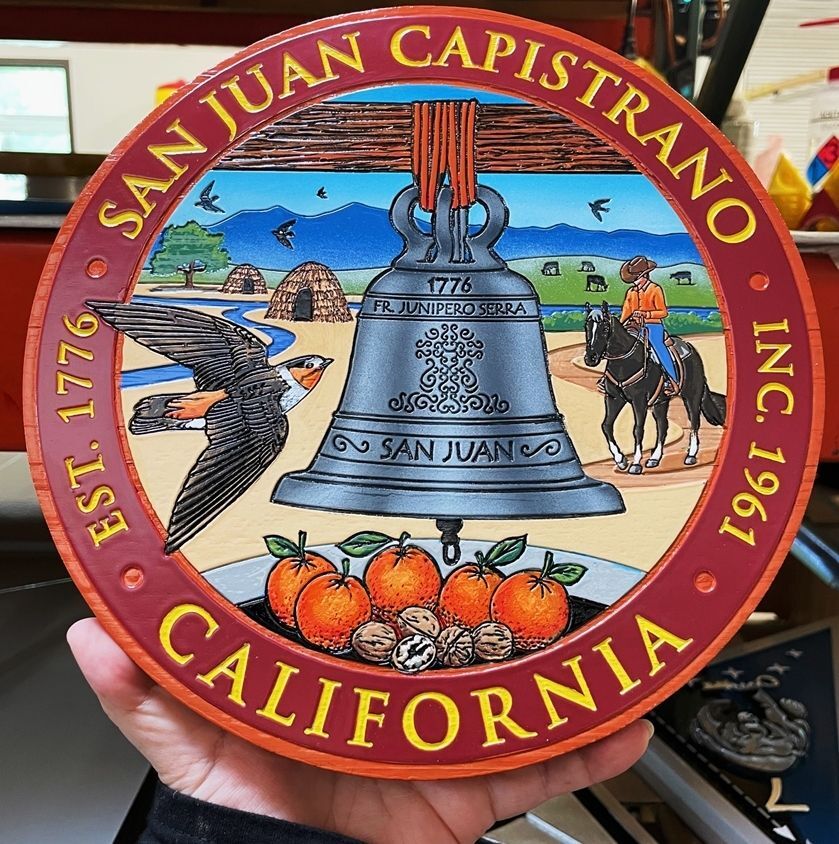 DP-2060 - Small Carved  Engraved Artist-Painted Plaque of the Seal of the City of San Juan Capistrano