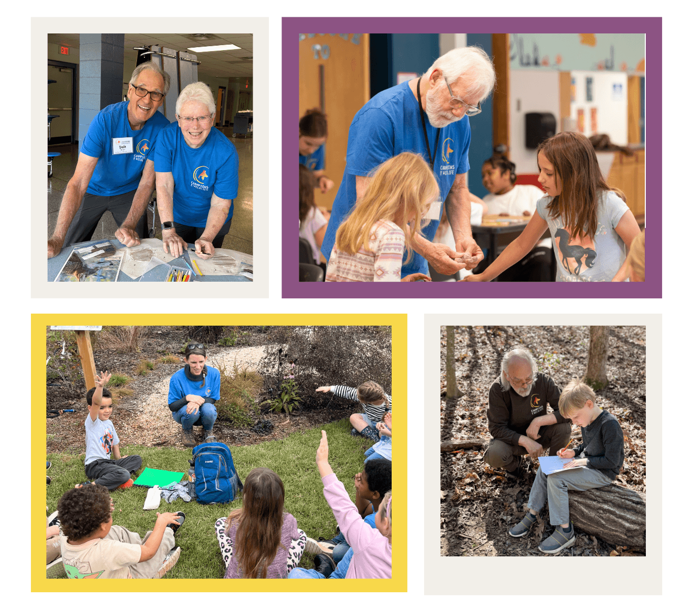 Montage of volunteers with students, in the classroom and in nature