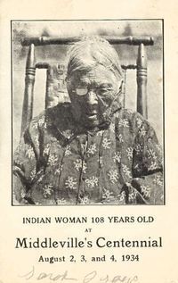 Postcard of Potawatomi woman Sarah Isaac from the Middleville Centennial when she was 108 in 1934.