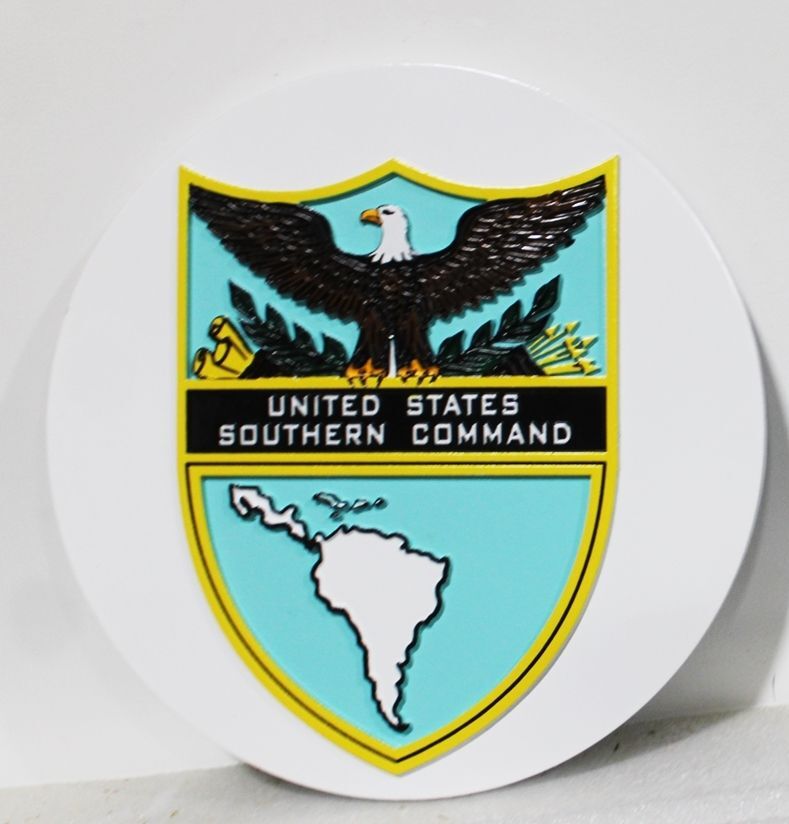 IP-1352 - Carved 2.5-D Multi-Level HDU Plaque of the Seal of the United States Southern Command  on Round Backer