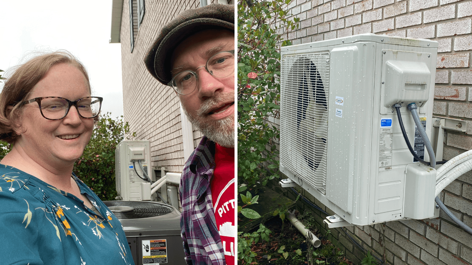 Kim and her husband, Dan, stand in front of their home's new heat pumps