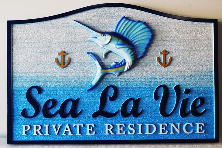 L21361 – Carved 3-D HDU Coastal Home Address  Sign, “Sea La Vie”, with Leaping Sailfish