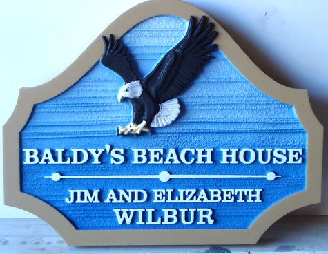 L21624 - "Baldy's Beach House"  Carved Wooden Sign with 3-D Bald Eagle in Flight  