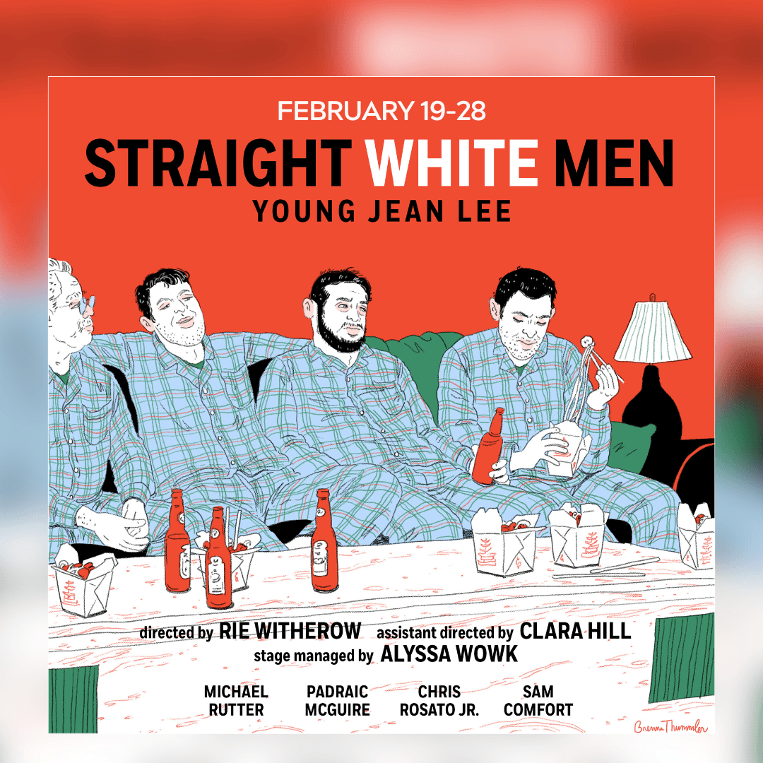 Four straight white men sitting on a couch. Artwork by Brenna Thummler.