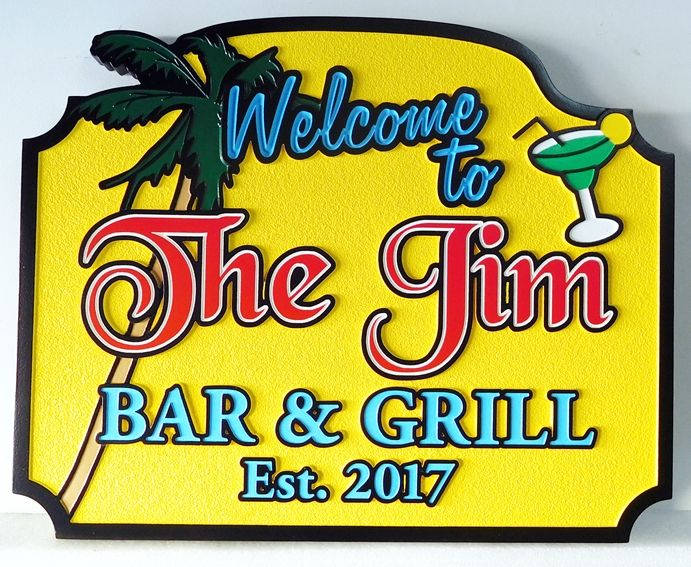 L22251 - Carved and Sandblasted Bar and Grill Sign, with Palm Tree and Cocktail Glass as Artwork 
