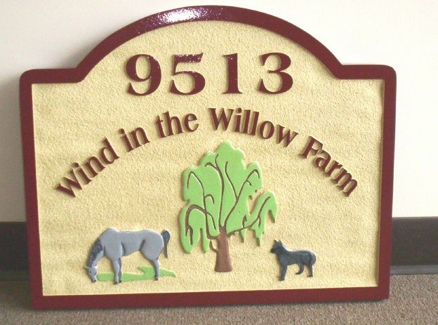 O24806 - HDU Sign for "Wind in the Willow Farm" with Willow Tre, Horse and Dog