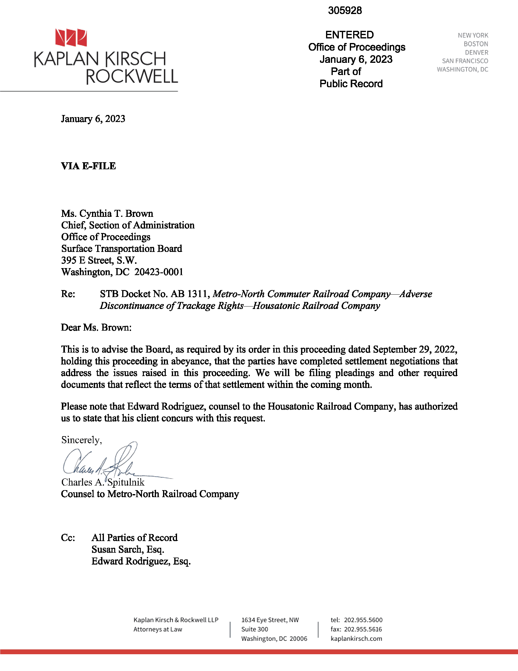 Metro North and Housatonic Settlement Negotiations Status Letter 1.6.2023