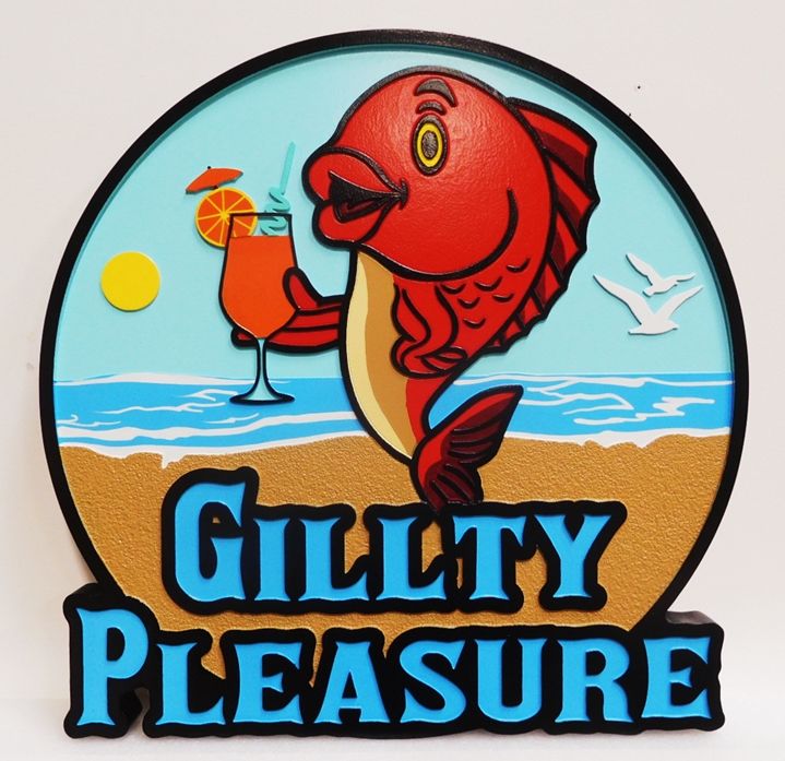 L21393 - Carved  & Sandblasted "Guilty Pleasure" Beach House Sign, featuring a Fish with a Drink as Art