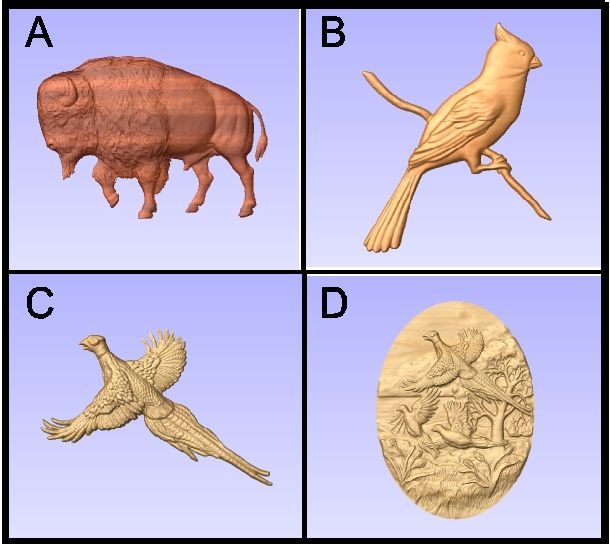 M22986 - Carved 3D Wood Buffalo, Stellar Jay, and Pheasants