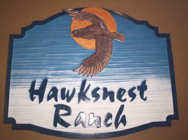 O24628 - Sign for "Hawksnest Ranch" with Sky, Moon, and Hawk