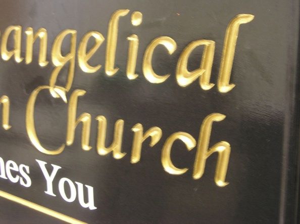D13022 - Painted Wood "Welcome" Sign with Gold Leaf Lettering for Evangelical Church 