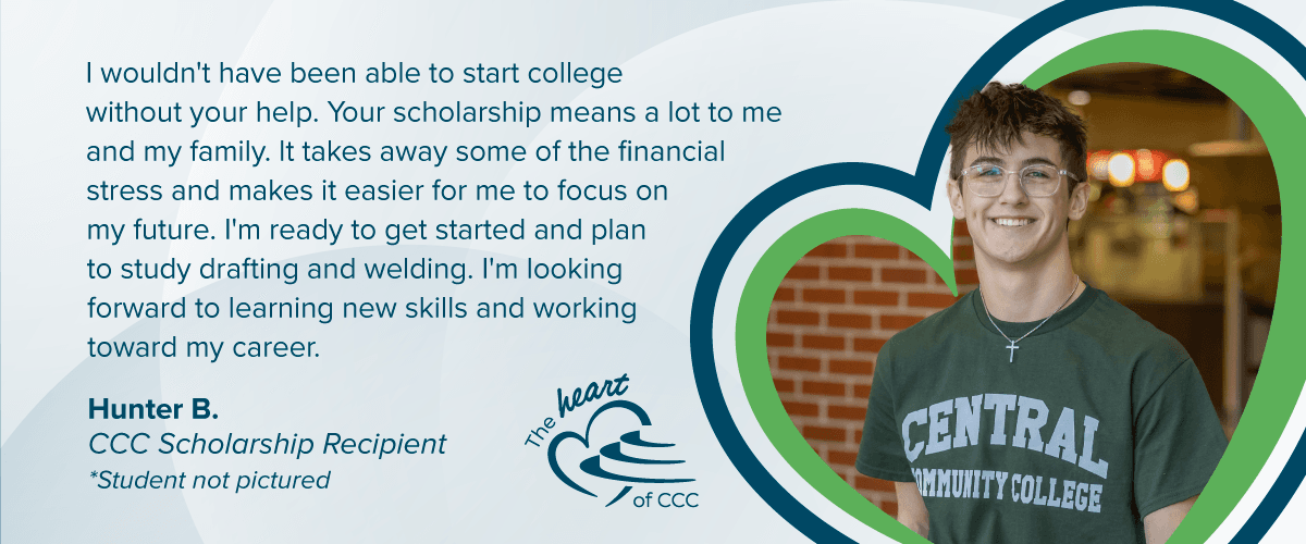Scholarship thank you quote with student holding book in heart shape graphic.