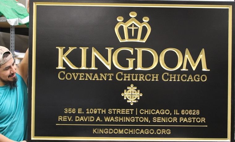 D13107 - Carved Engraved HDU Sign for the Kingdom Covenant Church in Chicago, with Metallic Gold-Painted  Lettering, Border and Artwork 