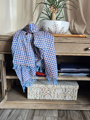 Checkered Purple, Blue and Beige Scarf, Hand Made in Ethiopia