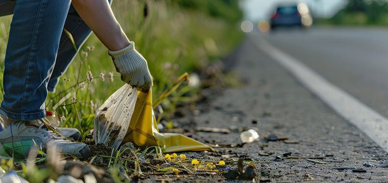 Picking up trash next to highway