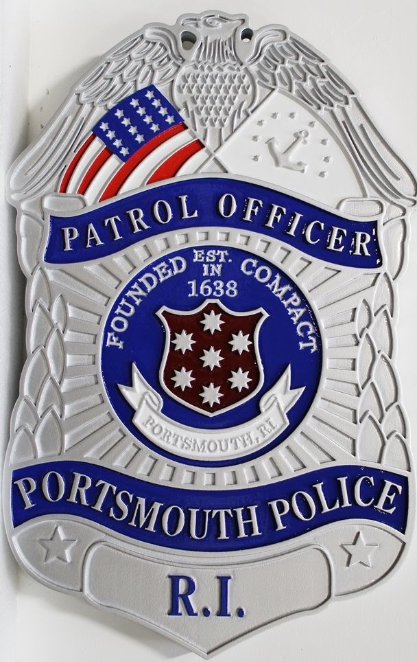 PP-1505 -  Carved 2.5-D Raised Relief HDU Plaque of the Badge of a Patrol Officer of the Portsmouth, Rhode Island  Police
