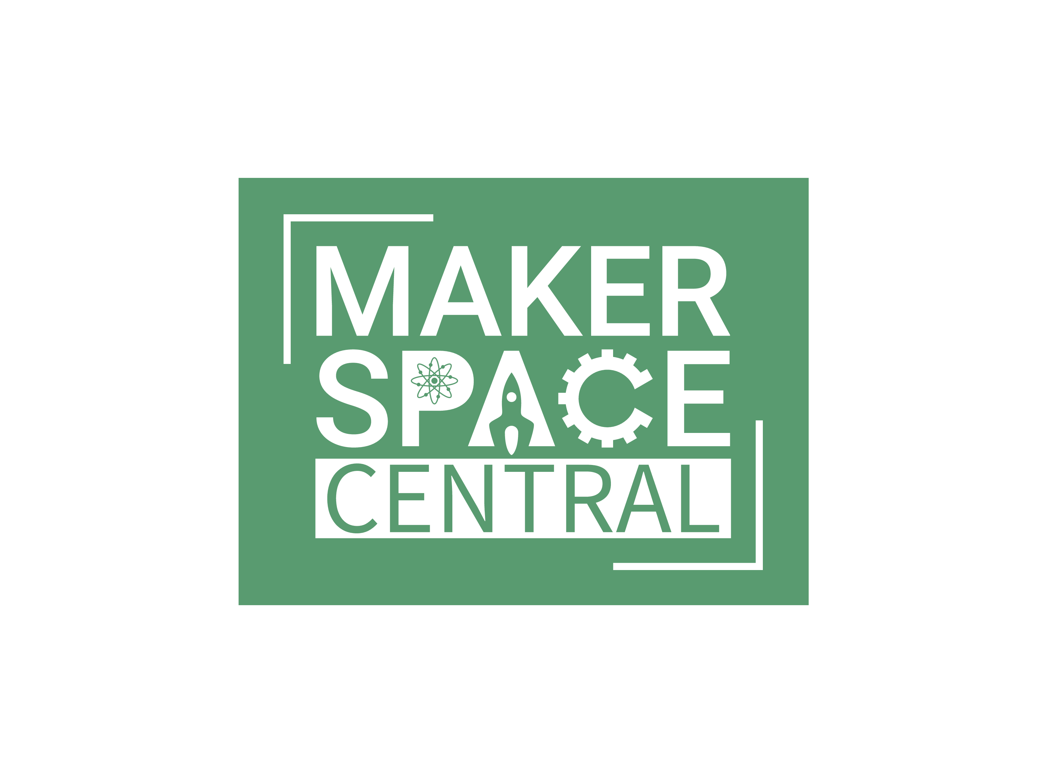 Maker Space Central logo with white text on a green background, featuring science and engineering icons integrated into the lettering and a rectangular frame.