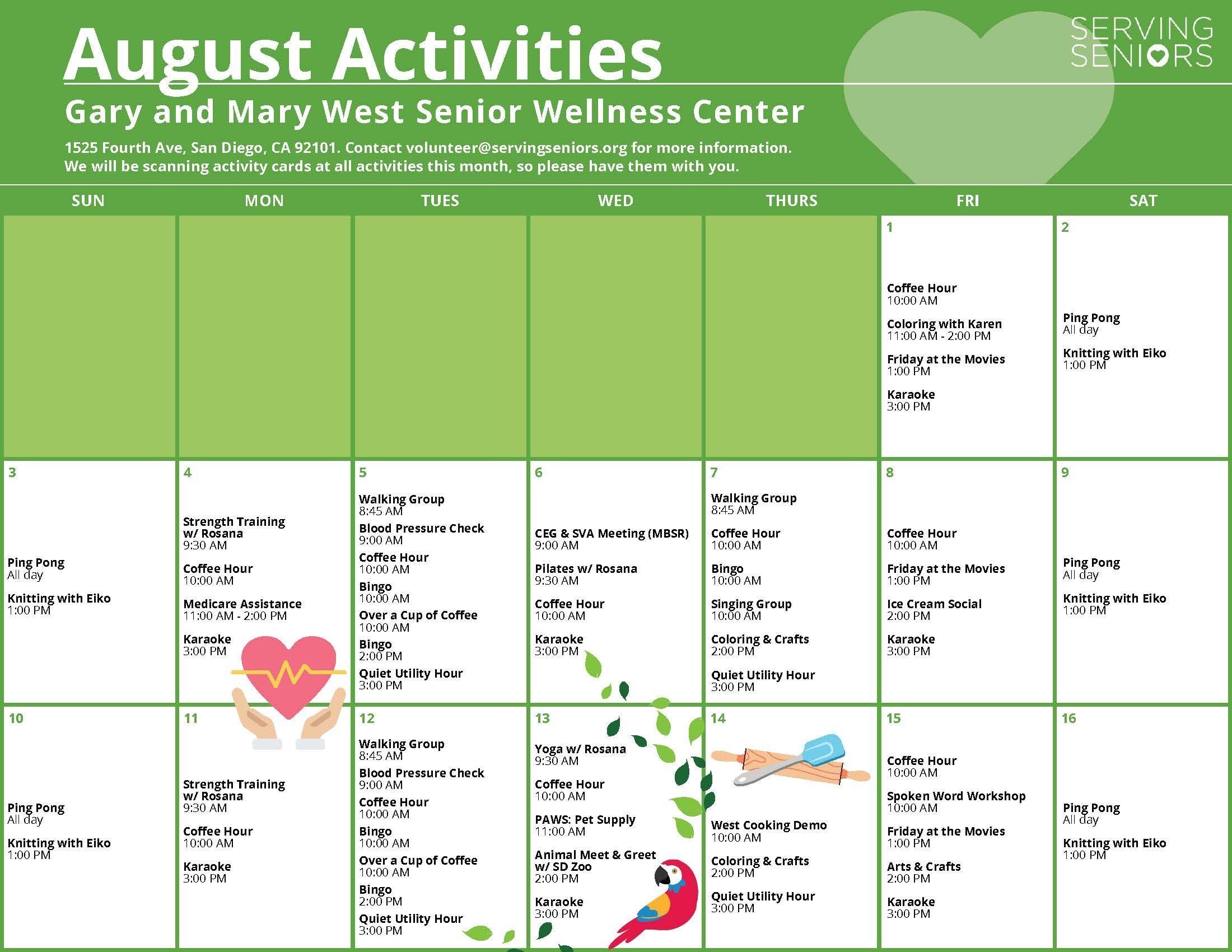 Click to download the Gary and Mary West Senior Wellness Center August Activities Calendar