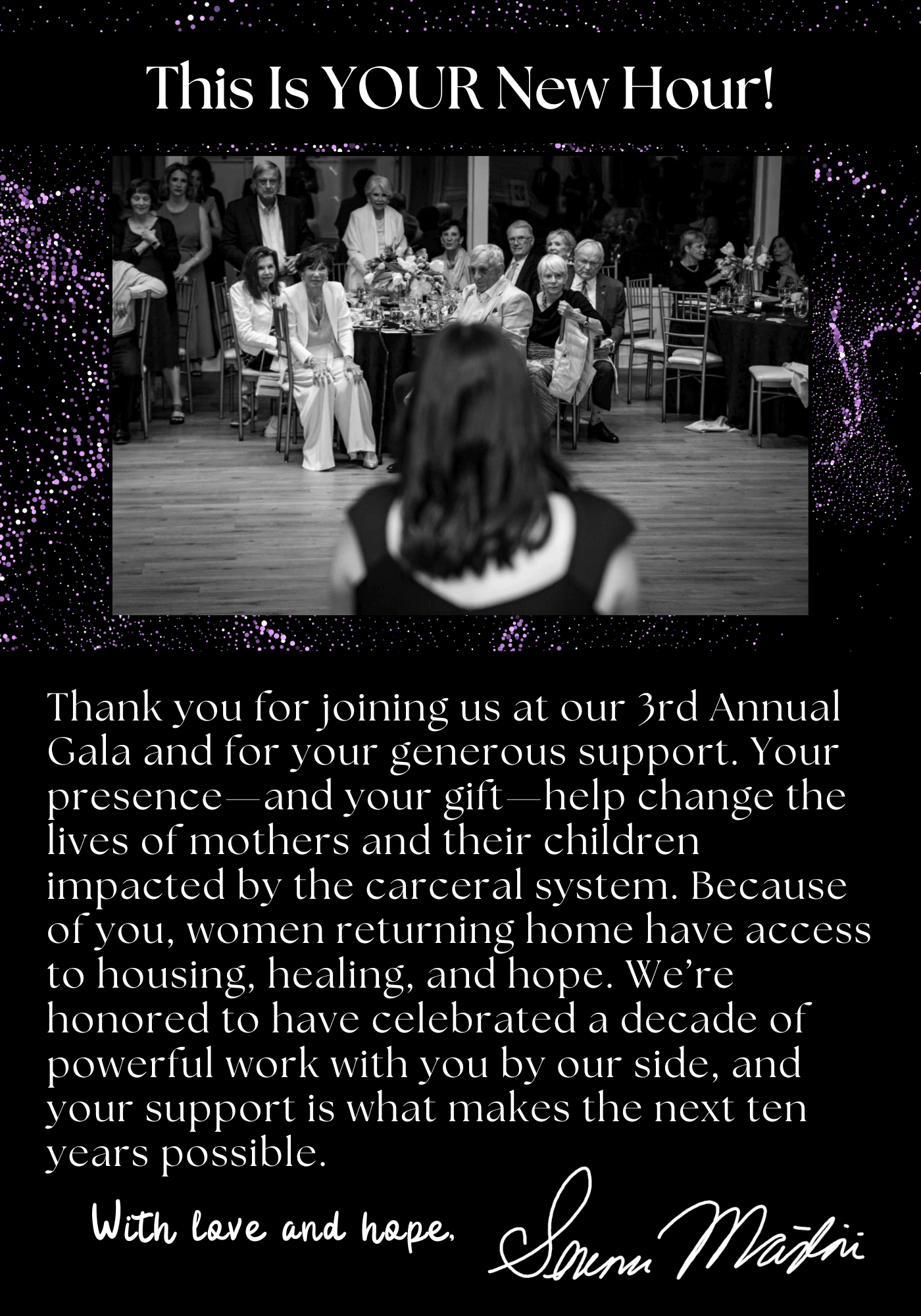 A letter with a photo of a woman addressing a crowd