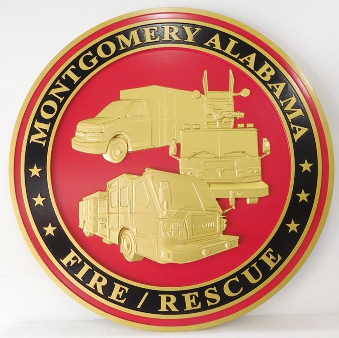 QP-3037 - Carved Wall Plaque of  the Seal  of the City of the Montgomery, Alabama  Fire / Rescue Department, Artist Painted 