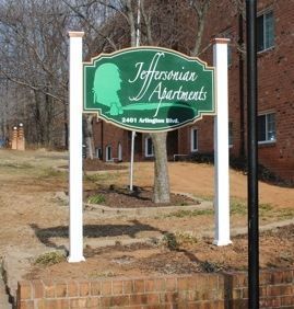 M4792 - Two  4 "x4" Cedar Wood Side Posts with Ball Finials Supporting HDU Sign for  Jeffersonian Apartments