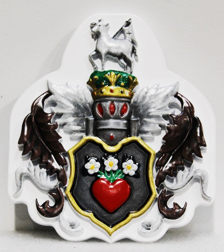 XP-1065 - Carved 3D Artist-Painted Coat-of-Arms with Crown, Horse, Heart and Flowers