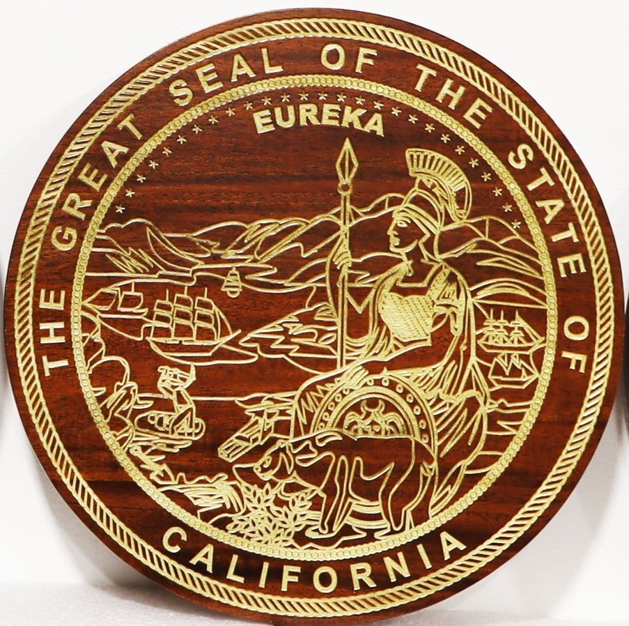 BP-1070A- Engraved  Mahogany Wood Plaque of the Great Seal of the State of California with Light Brass Painted Engraved Areas