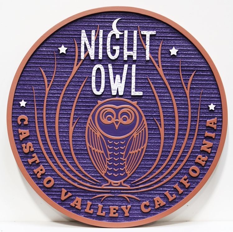 RB27142 - Carved 2.5-D Raised Relief and Sandblasted Wood Grain HDU Sign for the "Night Owl" Bar