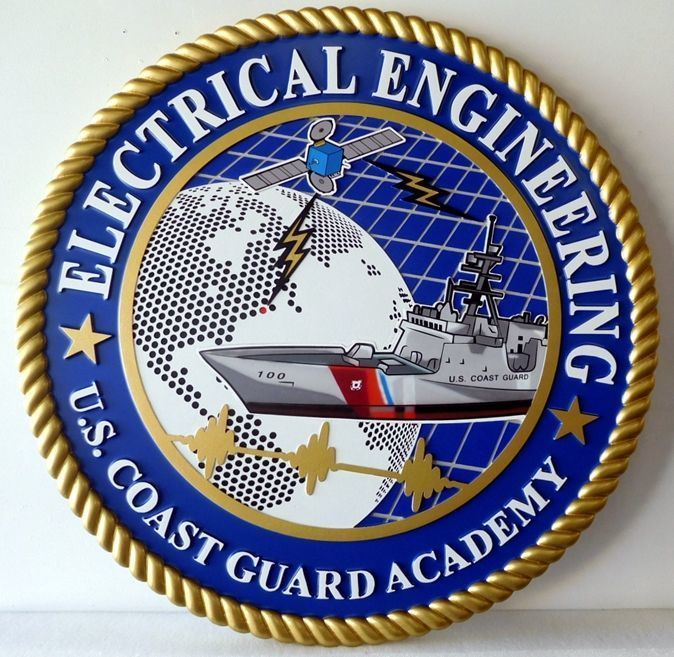 V31970 - Carved 2.5-D  HDU Plaque for the Electrical Engineering Department of the US Coast Guard Academy, with a Cutter, Satellite and Globe as Artwork 