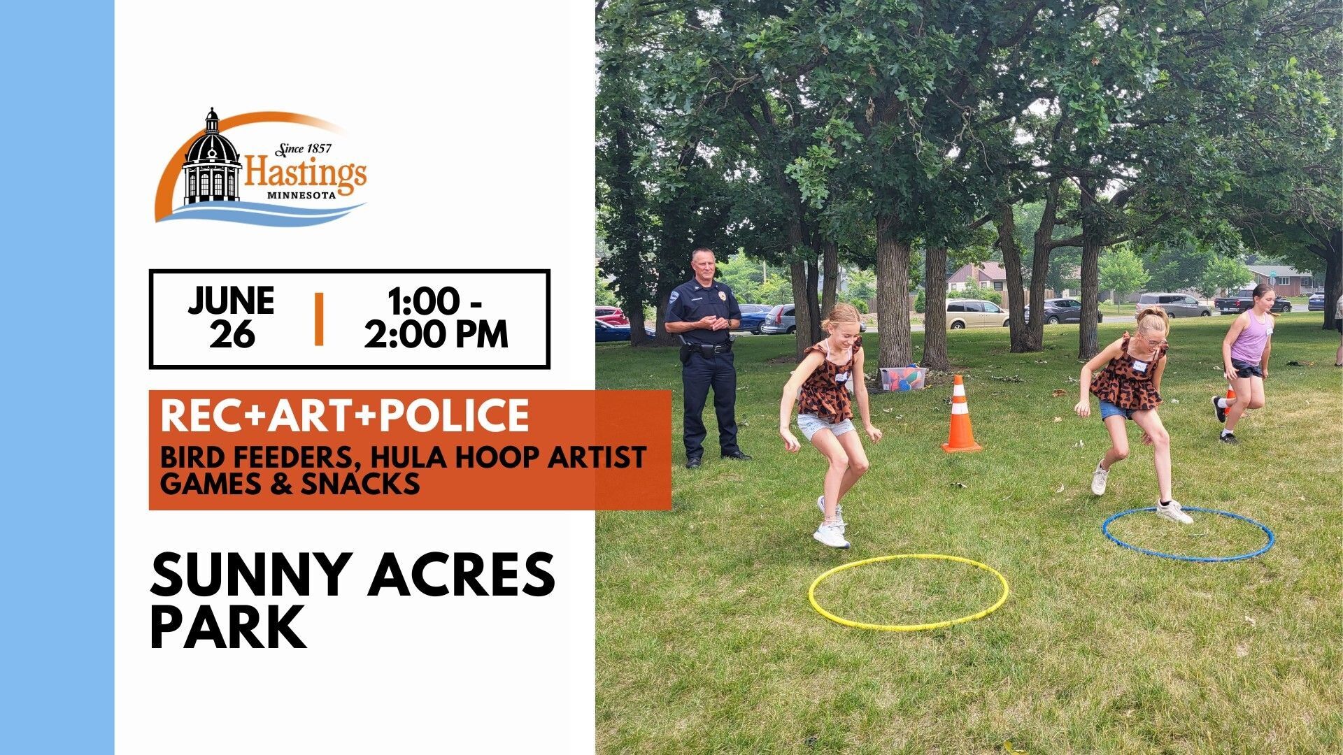Kids jumping into hula hoops on the park's lawn, text bird feeders, hula hoop artist, games, and snacks, City of Hastings logo and date June 26, 1 to 2 pm.