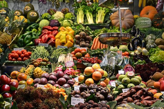 Display of fresh fruits and vegetables