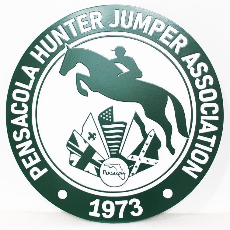UP-3194 - Carved  2.5-D Multi-Level Raised Relief HDU Plaque of the Logo of the Pensacola Hunter Jumper Association
