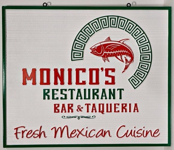 Q25035A - Carved 2.5-D HDU Sign for "Monico's Restaurant Bar & Taqueria"
