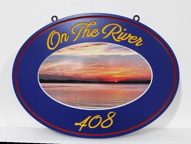 M22363A  - Carved 2.5-D  Relief HDU Property Name  Sign ".On the River", with Printed Giclee Applique of a Photo as Artwork
