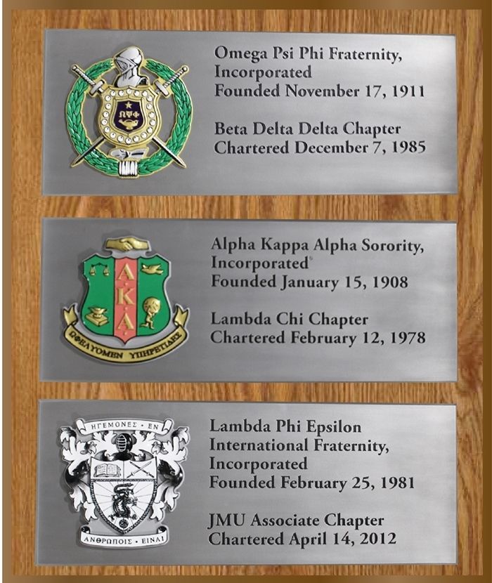 SP-1830 -  Three Carved Plaques of College Fraternities or Sororities Mounted on an Aluminum Plate