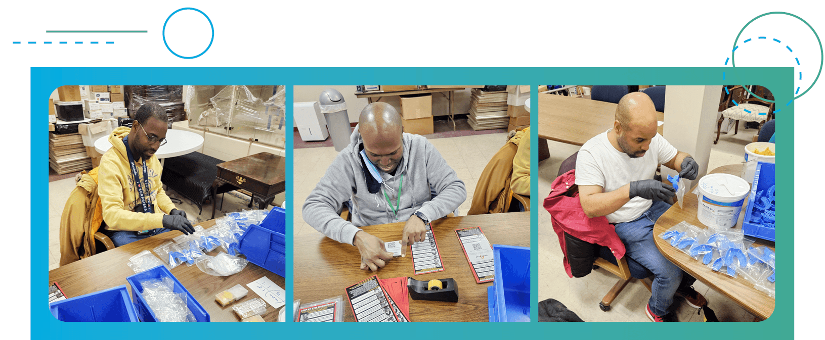 Three SpArc Services Participants work on tables at Hackman Dental Labs, filling orders and organizing containers.