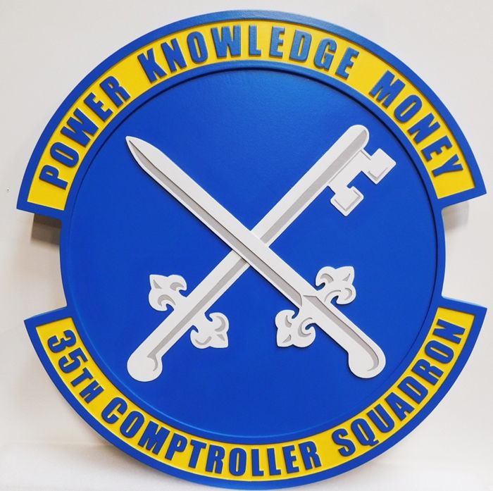 LP-7525 - Carved Plaque of the Crest of the 35th Comptroller Squadron, Artist Painted witth Crossed Sword anfd Key