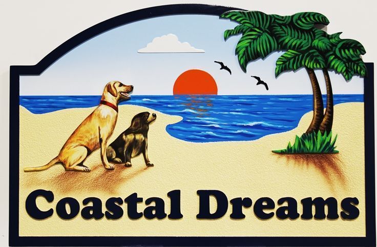 M22939 - Carved  HDU Sign Featuring Two Dogs on a Beach as Artwork