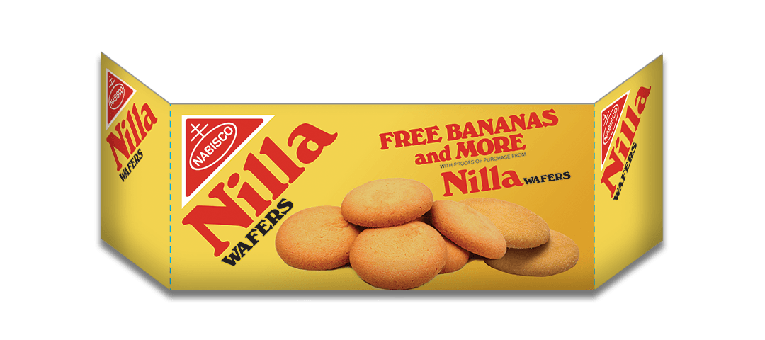 Printed cardboard grocery aisle end cap with vintage Nilla Wafers logo, text and product photo on yellow background - Free bananas and more