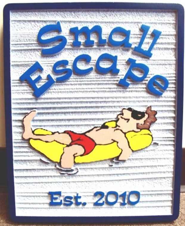 GB16140 - Carved HDU Swimming Pool Sign "Small Escape" with  Man Relaxing on a Float as Artwork